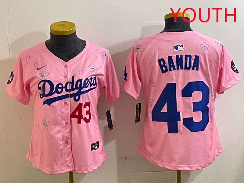 Youth Los Angeles Dodgers #43 Banda Pink White Blue Sakura Edition 2025 Nike MLB Jersey style 5